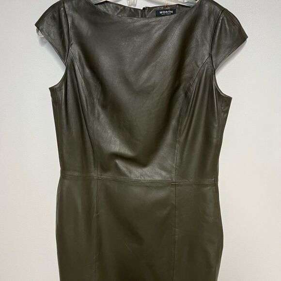 New Worth New York lamb leather cap sleeve sheath dress Dark Olive Sz 6 - Picture 4 of 4